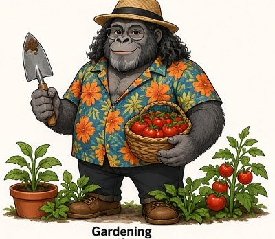 Gorilla mascot dressed for gardening