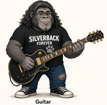Gorilla mascot dressed for guitar