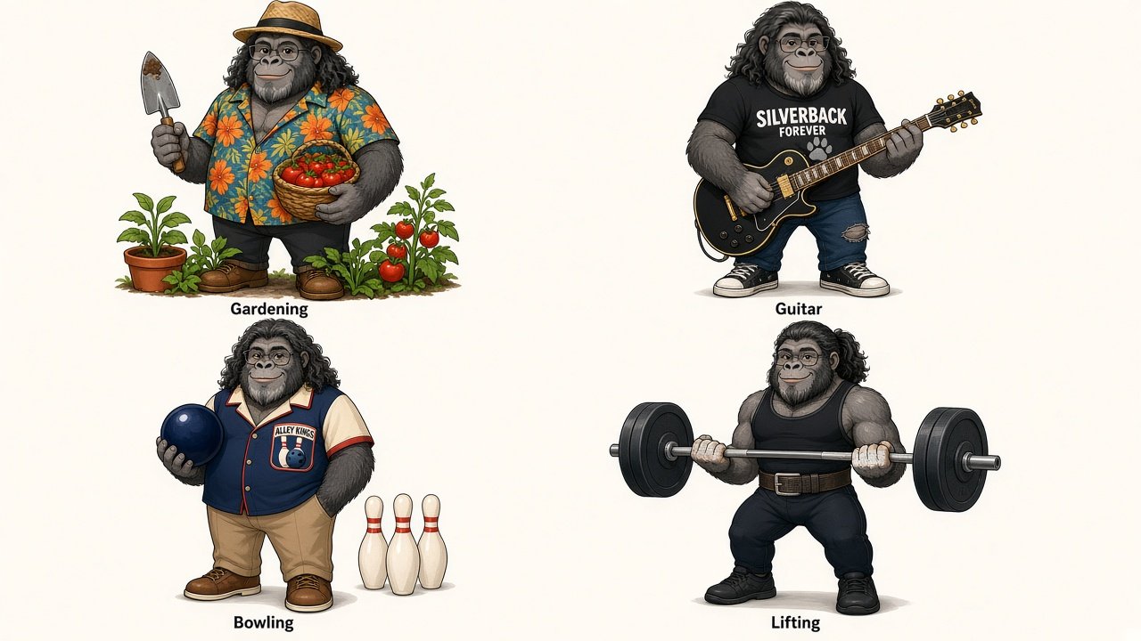 Our gorilla mascot in four outfits: gardening, guitar, bowling and lifting
